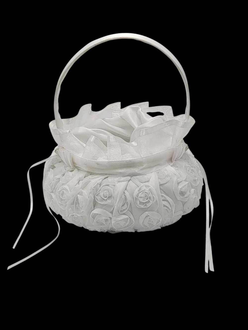 White Satin Flower Girl Basket With Ribbon Bow & Rhinestone Accent – Wedding Dec